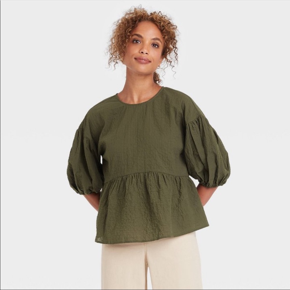 Puff 3/4 Sleeve Top - A New Day™ Olive Green Small
